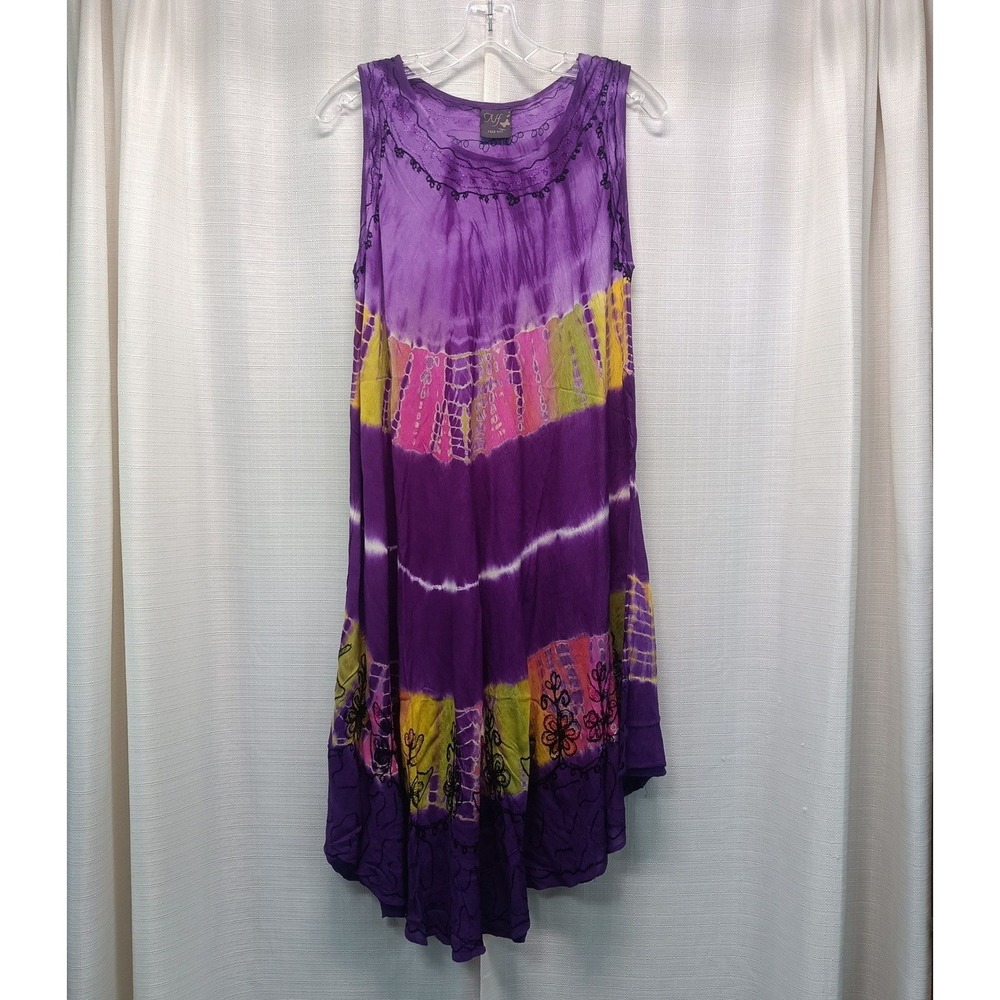 NF Purple Tie Dye Handkerchief Hem Embroidered Boho Rayon Dress Free Size Casual